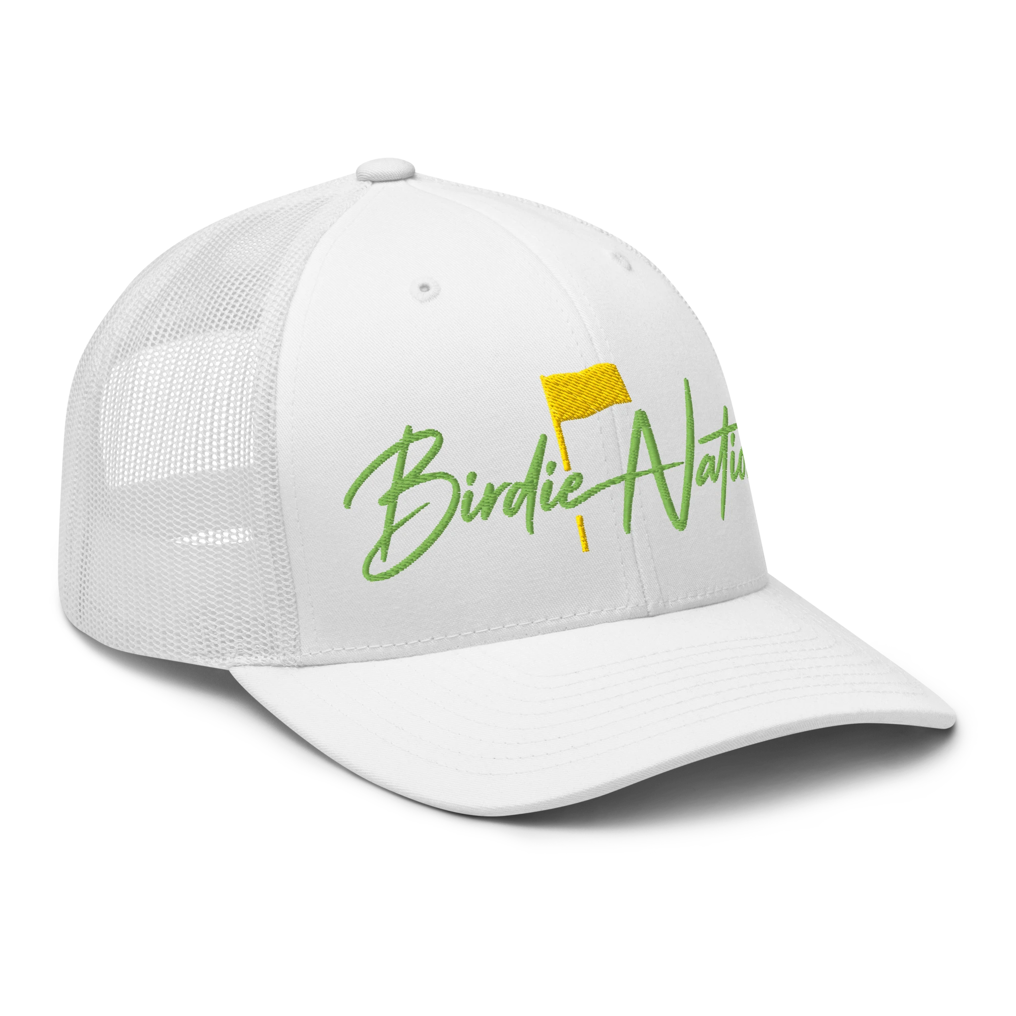 Birdie National white trucker hat with breathable mesh back and green and yellow embroidered golf flag logo