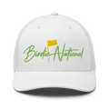 Birdie National white trucker hat with breathable mesh back and green embroidered logo with a yellow golf flag.