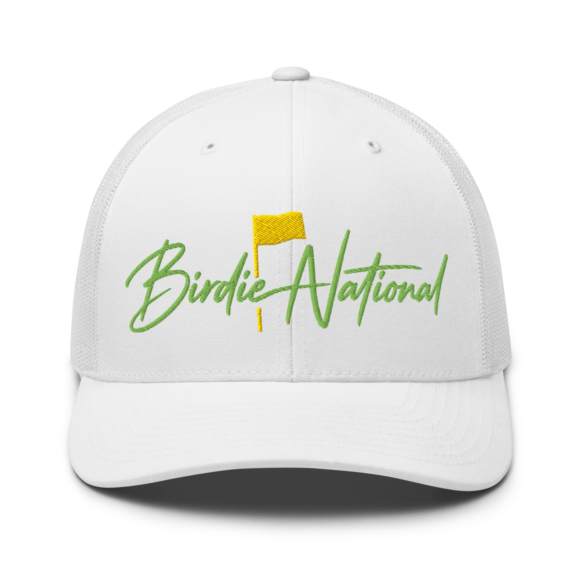 Birdie National white trucker hat with breathable mesh back and green embroidered logo with a yellow golf flag.