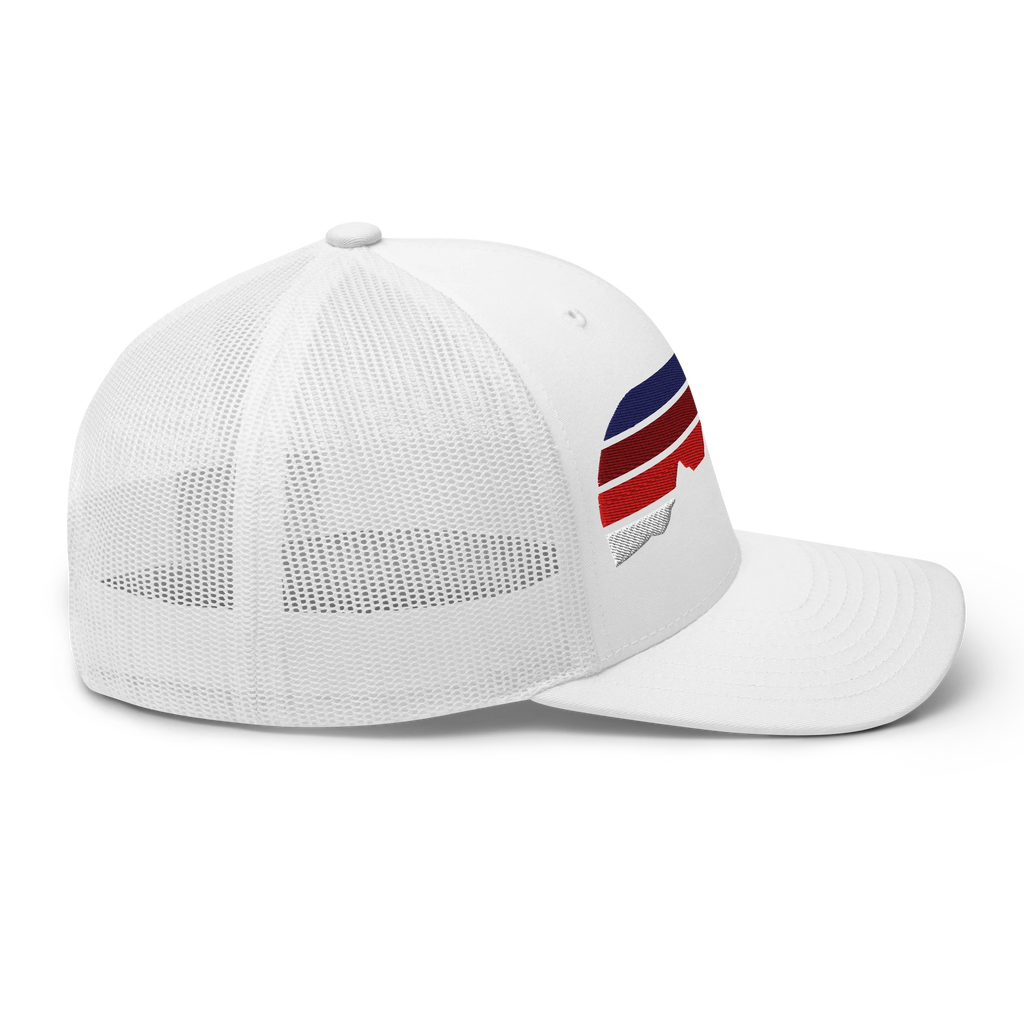 Birdie National white six-panel trucker cap with mesh back and red, white, and blue embroidered logo on front.