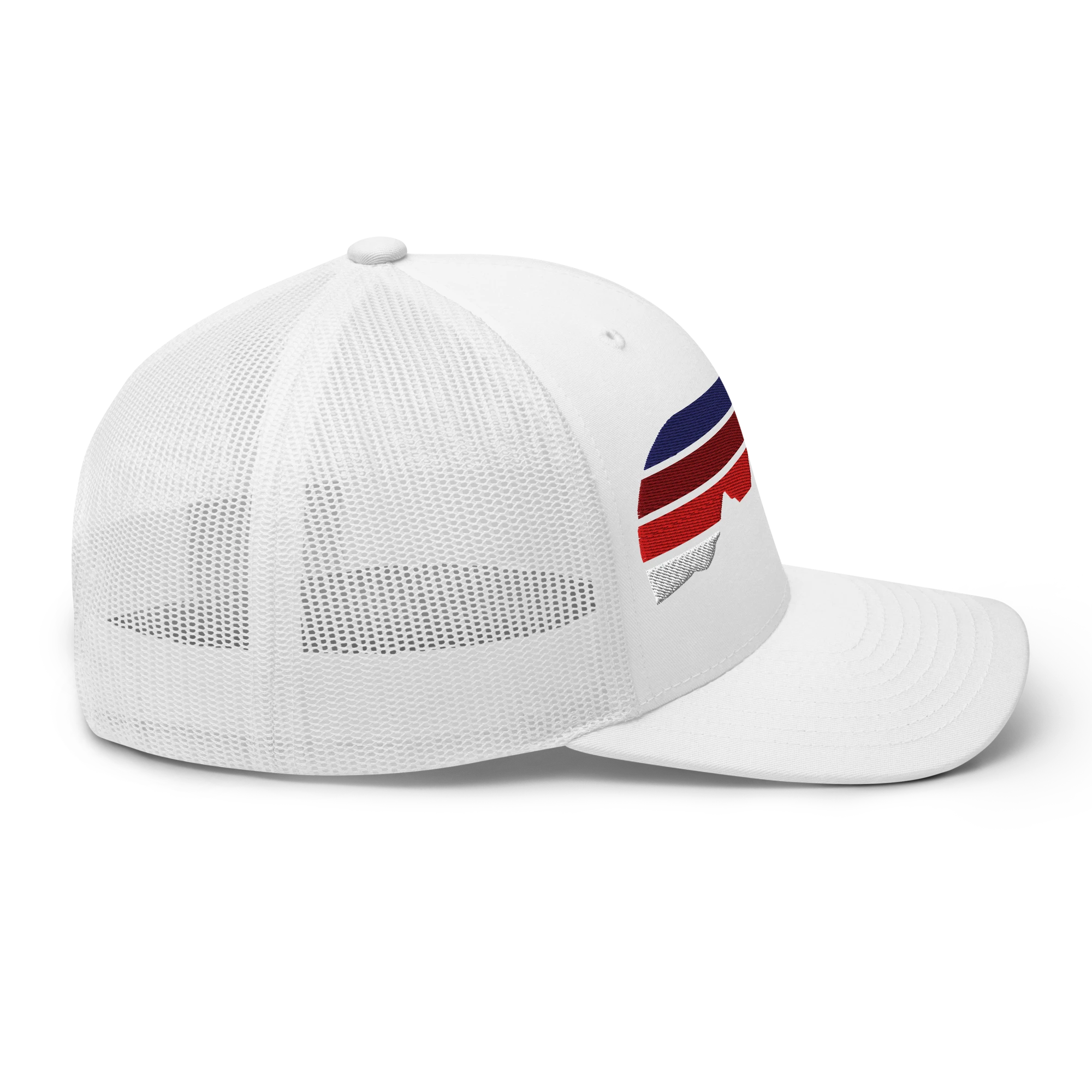 Birdie National white six-panel trucker cap with mesh back and red, white, and blue embroidered logo on front.