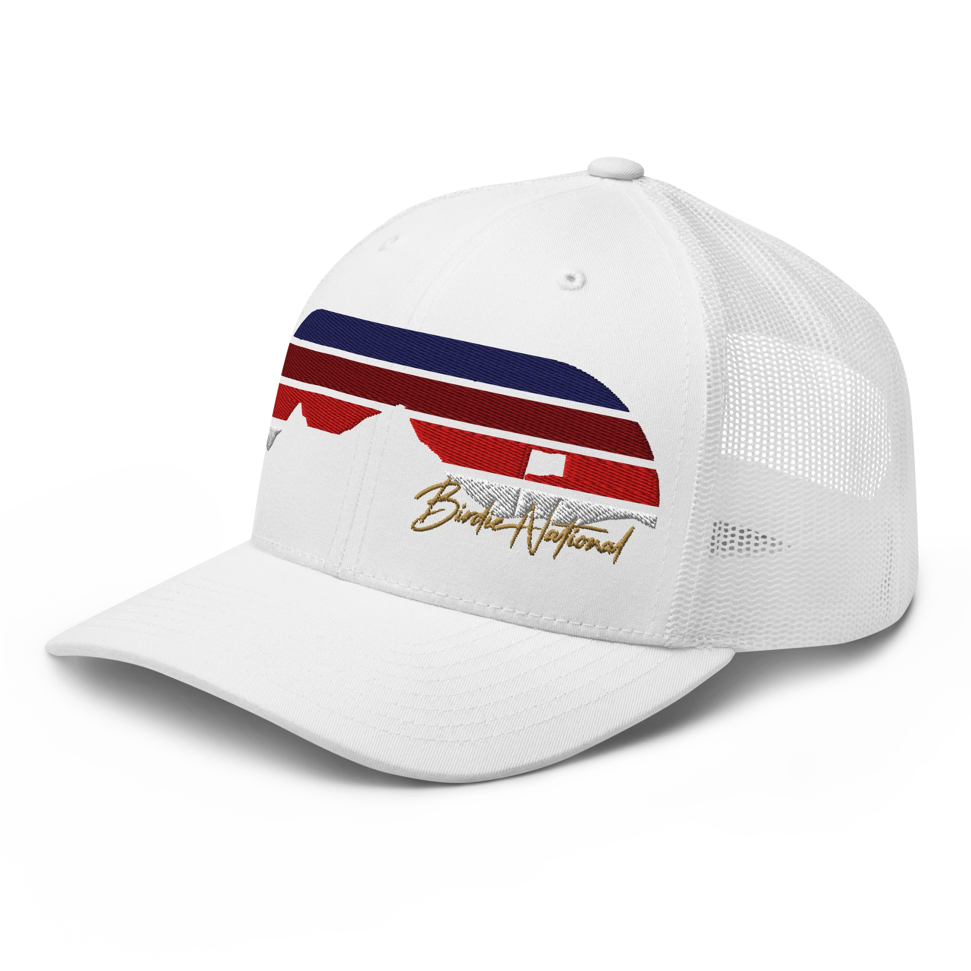 Birdie National white six-panel trucker cap with mesh back and red, white, and blue mountain graphic embroidery.