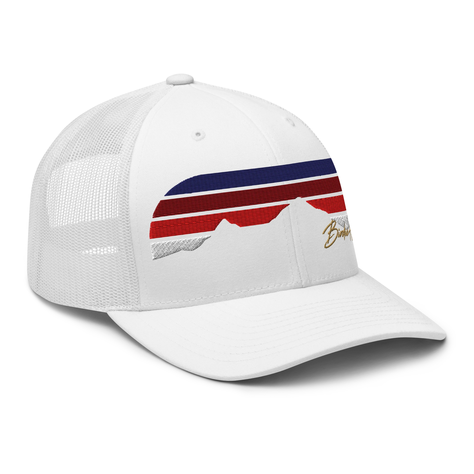 Birdie National white six-panel trucker cap with mesh back, red and blue striped mountain graphic, and gold embroidery.