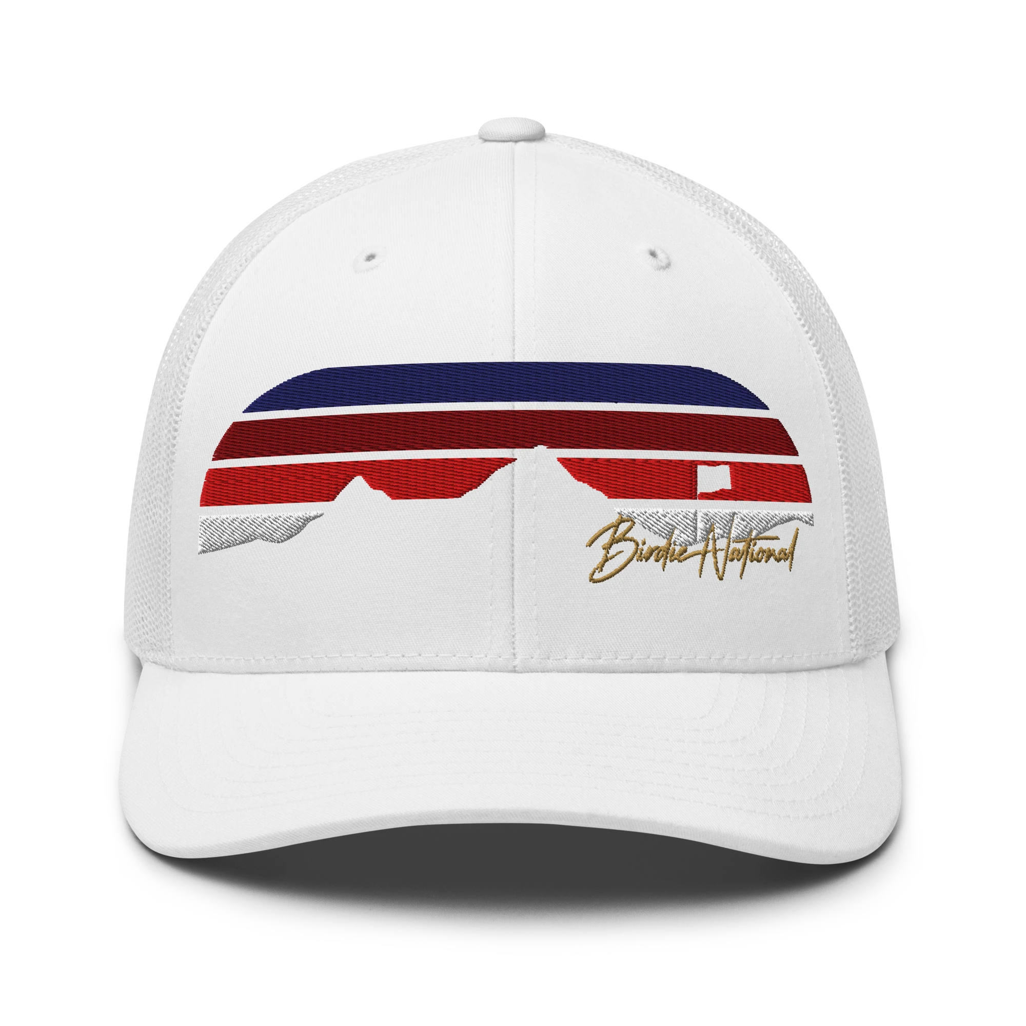 Birdie National white six-panel trucker cap with mesh back and embroidered golf course landscape graphic