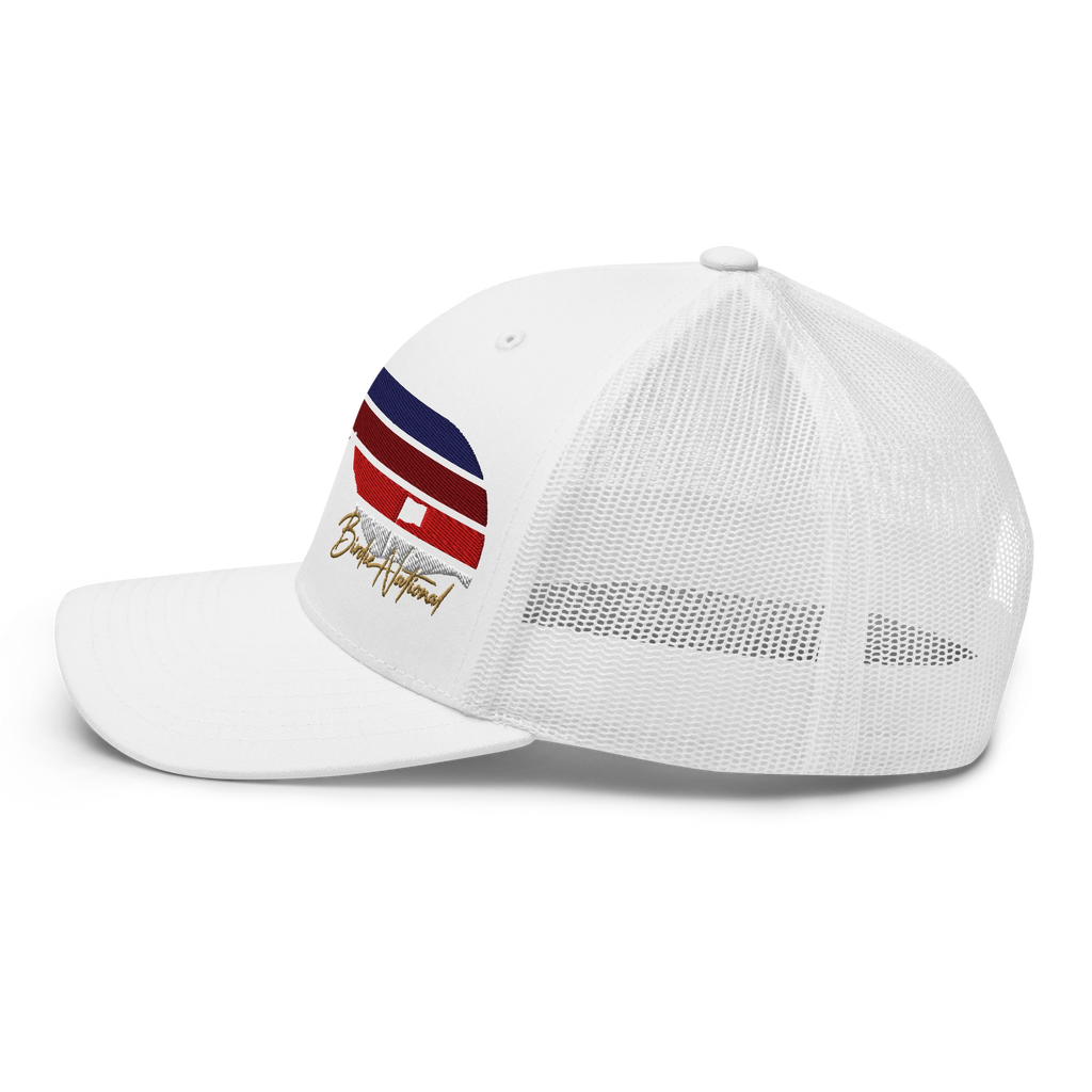 Birdie National white six-panel trucker cap with mesh back and embroidered logo on side view