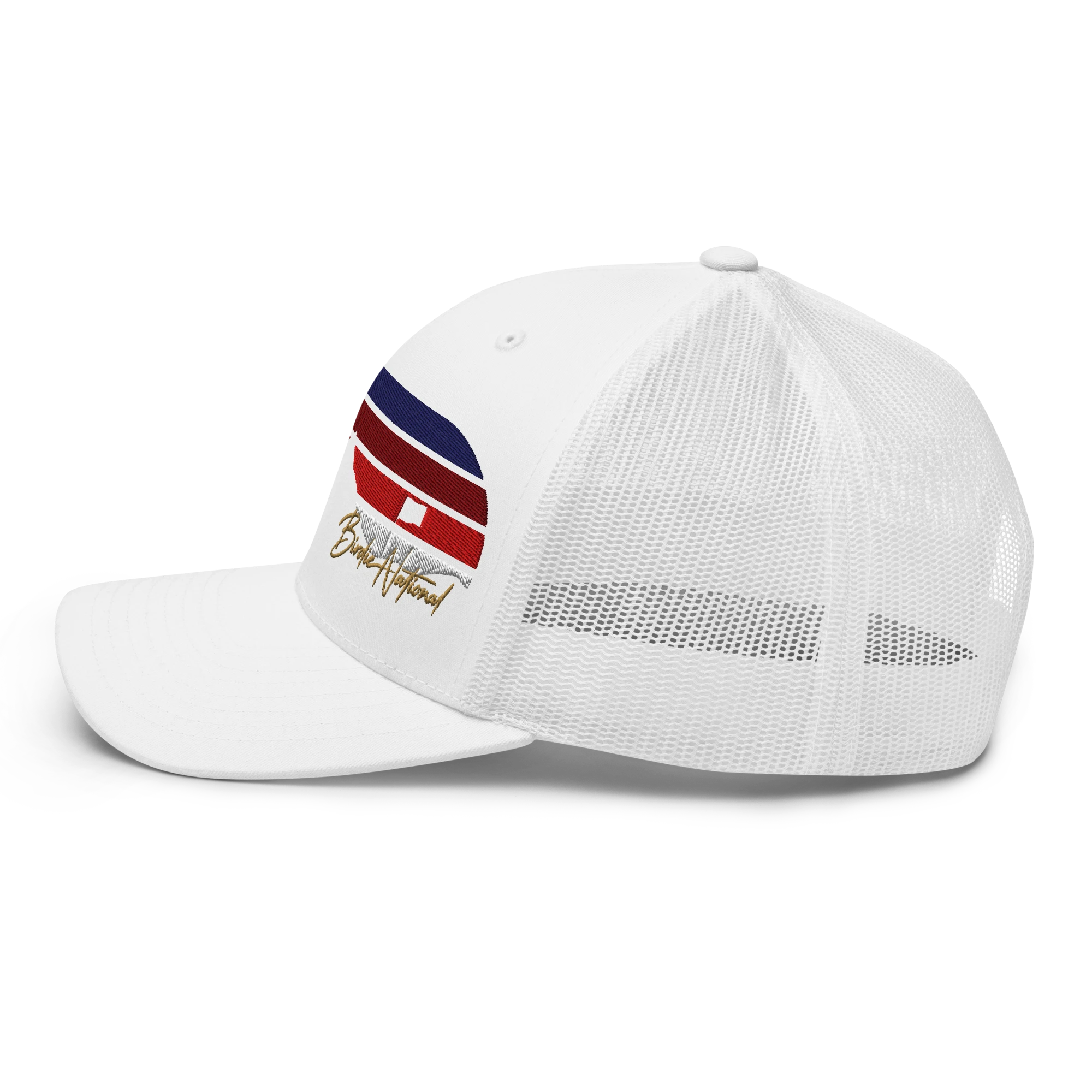 Birdie National white six-panel trucker cap with mesh back and embroidered logo on side view